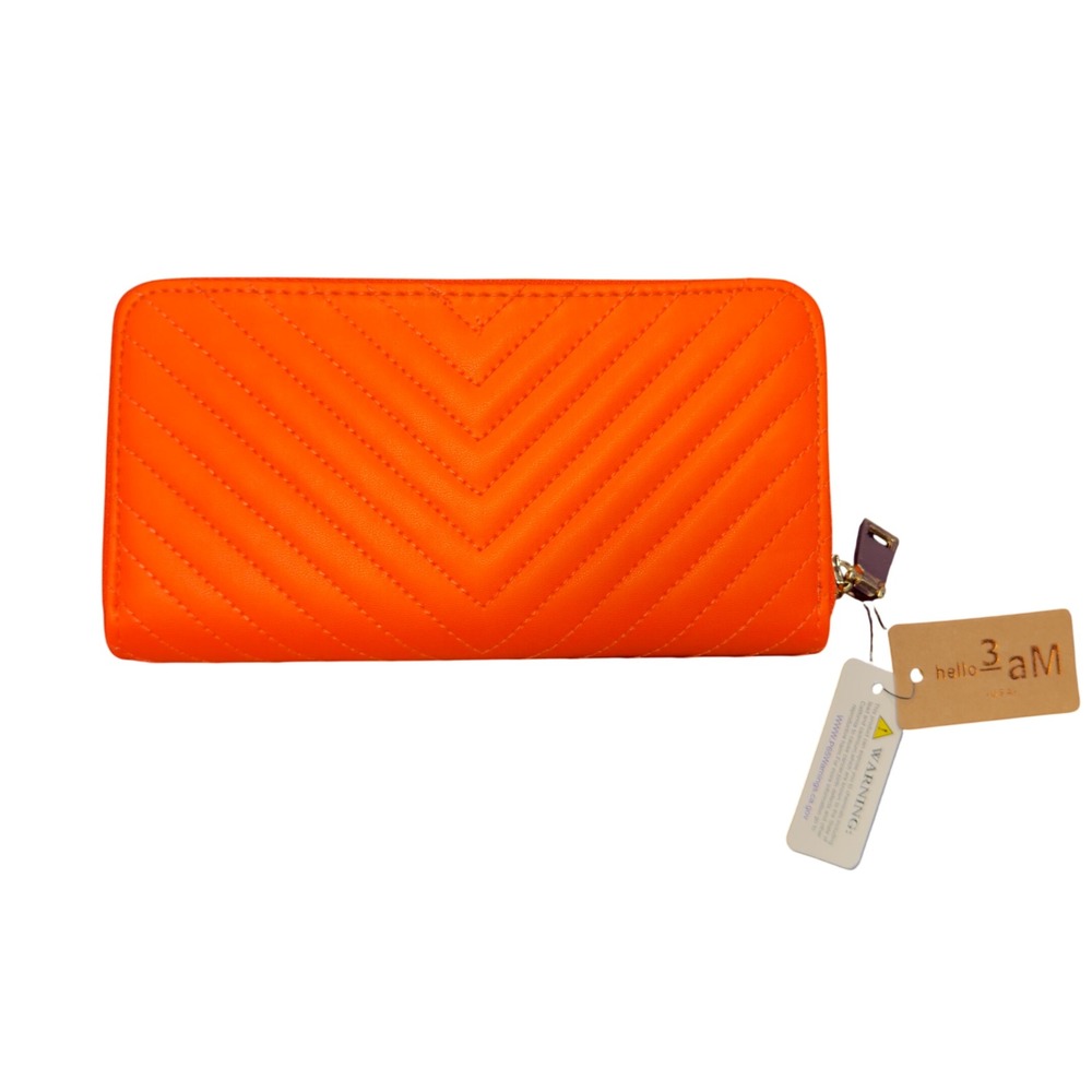 Hello 3am Neon Orange Quilted Zip Wallet Clutch‎ Purse Card Holder NWT
